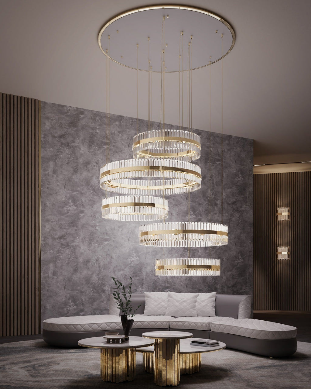Gold Finish 5-Ring Crystal Chandelier with Metal and Glass Materials