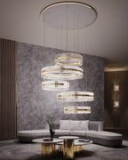 Gold Finish 5-Ring Crystal Chandelier with Metal and Glass Materials