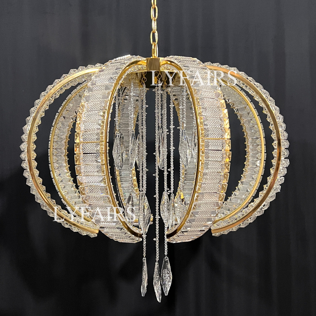 Luxury K9 Crystal Pendant Chandelier with Curved Vacuum Plating Finish, Unique Lantern Shape for Living Dining