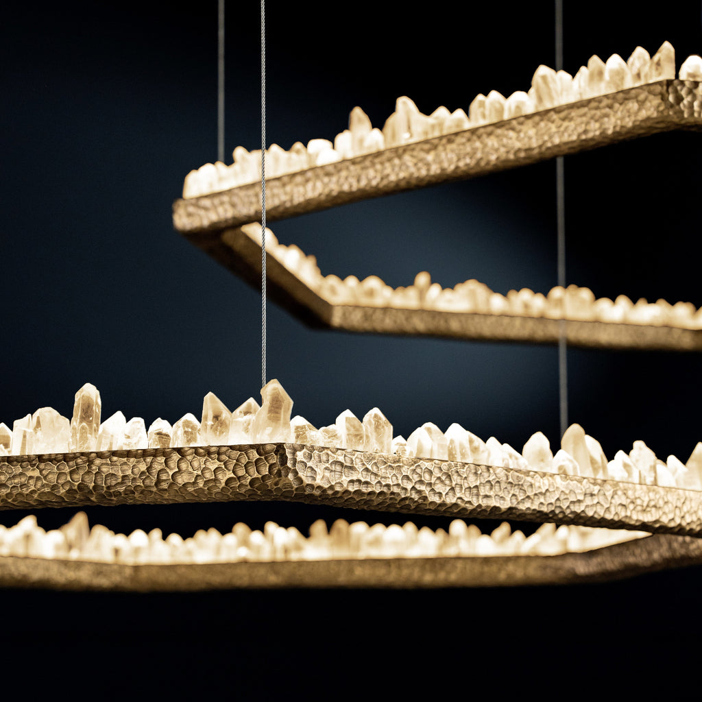 Hand Hammered Brass Natural Crystal Chandelier for High-Ceiling / low-Ceiling