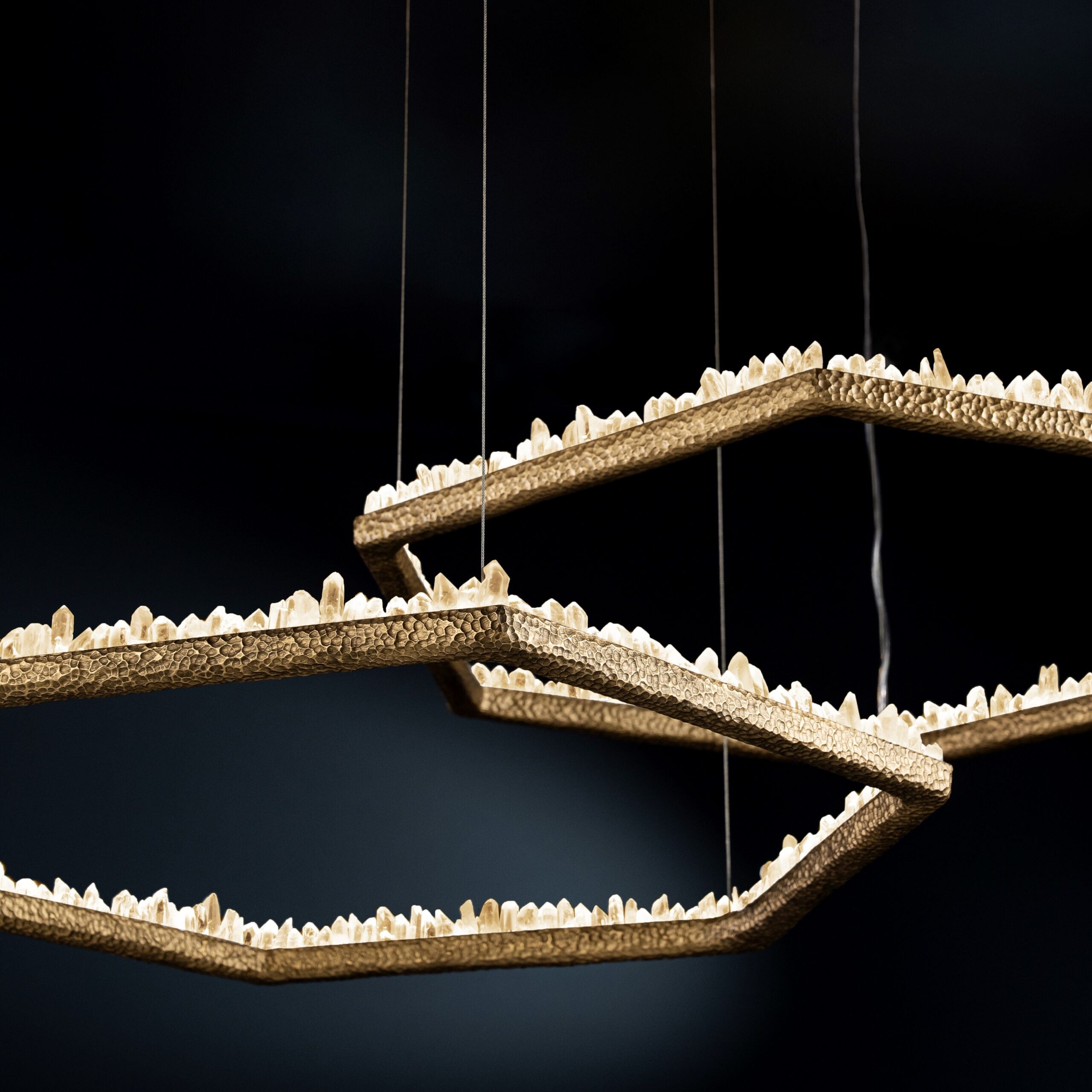 Hand Hammered Brass Natural Crystal Chandelier for High-Ceiling / low-Ceiling