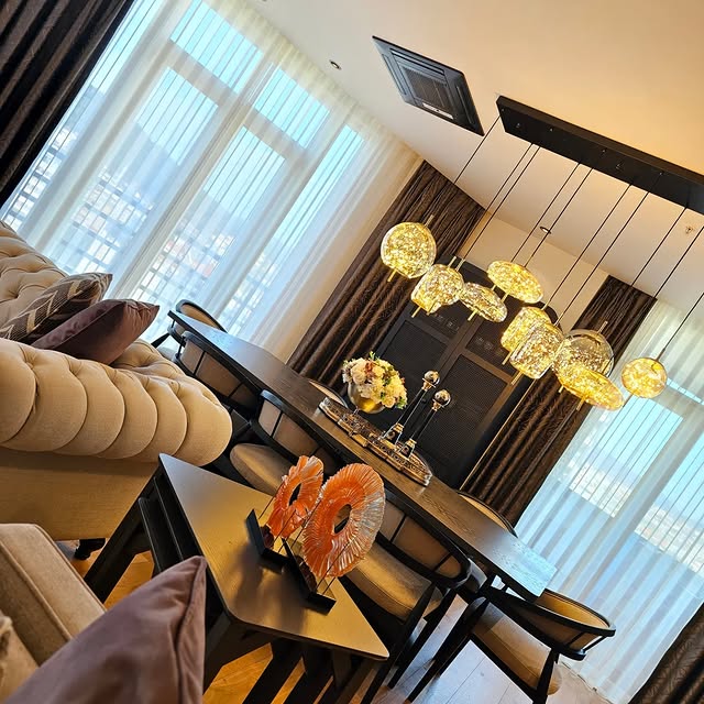 Modern Starry Smoky Gray / amber Glass Shade Chandelier with Rectangular Canopy