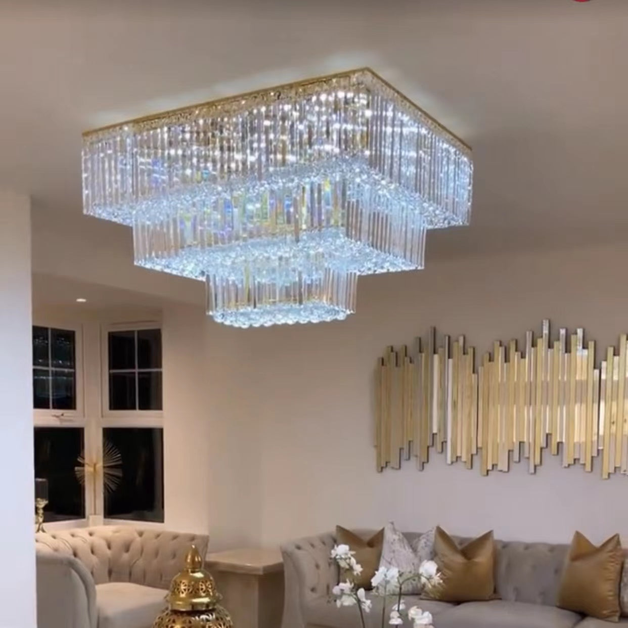 Square Crystal Ceiling Crystal Chandelier Light Three Layers