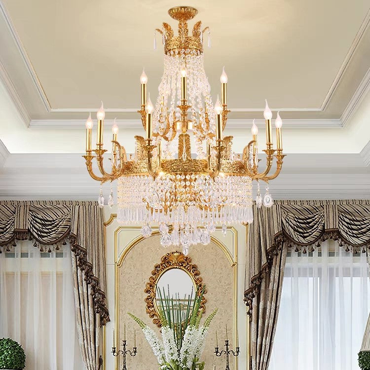 Stunning Oversized Luxury Golden Metal Candle Crystal Tassel Chandelier for High-Ceiling Staircase / entryway