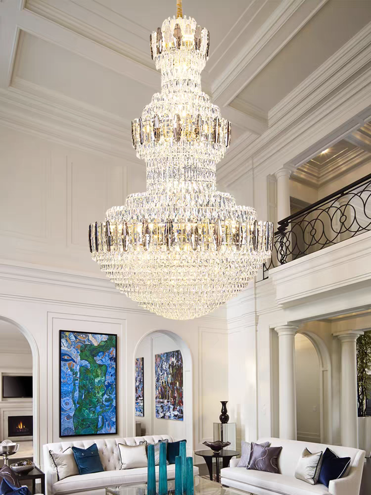 Golden Era Grand Cascade Fountain Smoky and Clear Crystal Chandelier for High-Ceiling