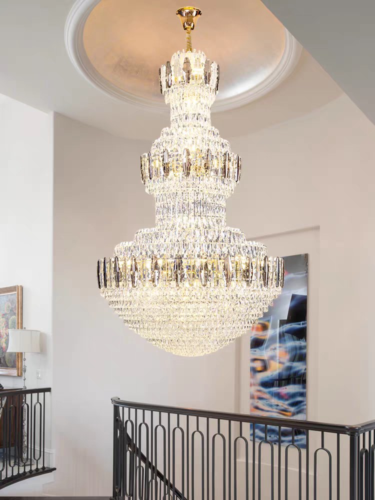 Golden Era Grand Cascade Fountain Smoky and Clear Crystal Chandelier for High-Ceiling