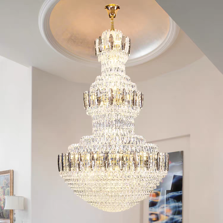 Golden Era Grand Cascade Fountain Smoky and Clear Crystal Chandelier for High-Ceiling