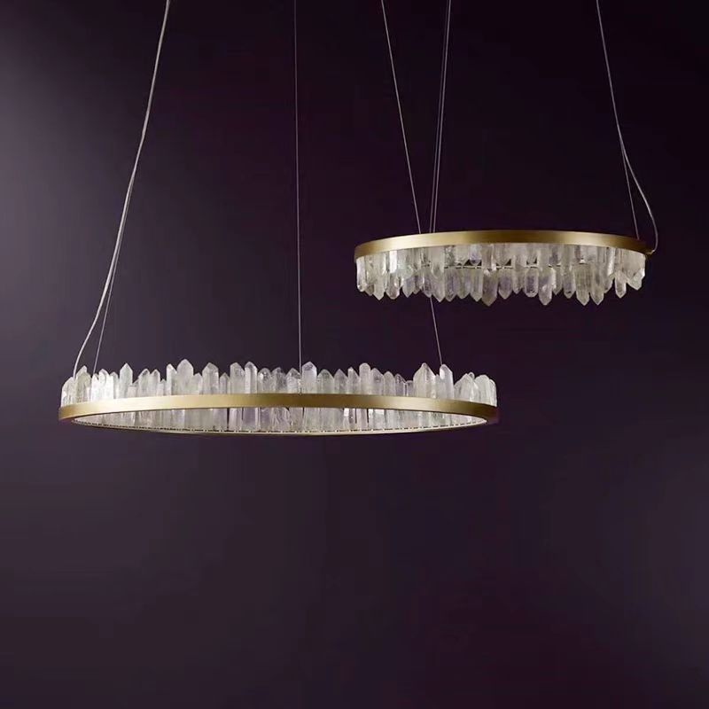 Modern Round Chandelier with Brass / black Finish and Natural Quartz Crystals