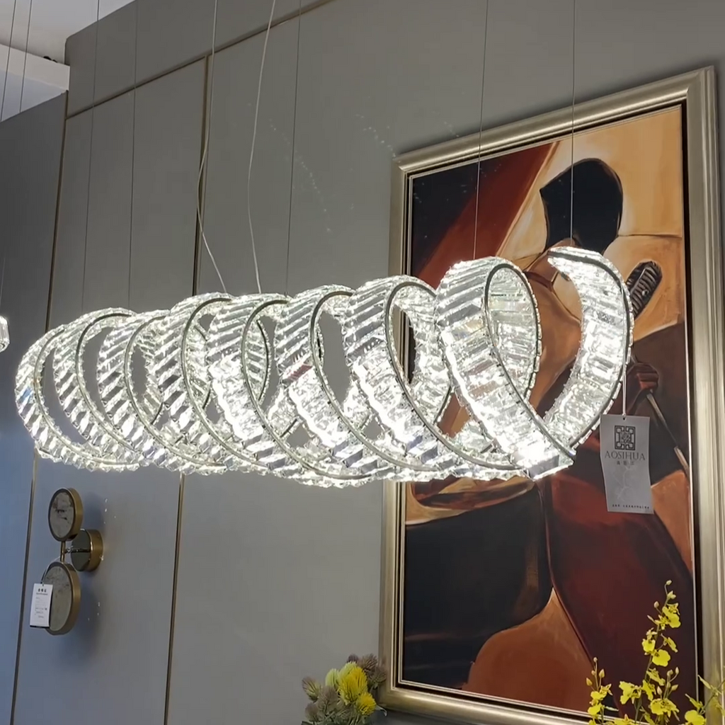 Luxury Stainless Steel Linear Spiral Crystal Chandelier for Dining Room and Kitchen Island