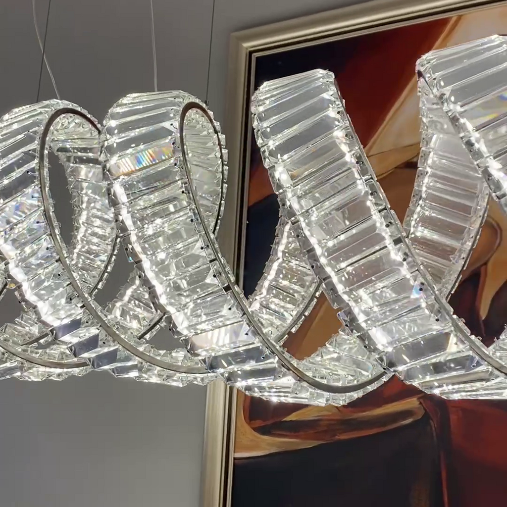 Luxury Stainless Steel Linear Spiral Crystal Chandelier for Dining Room and Kitchen Island