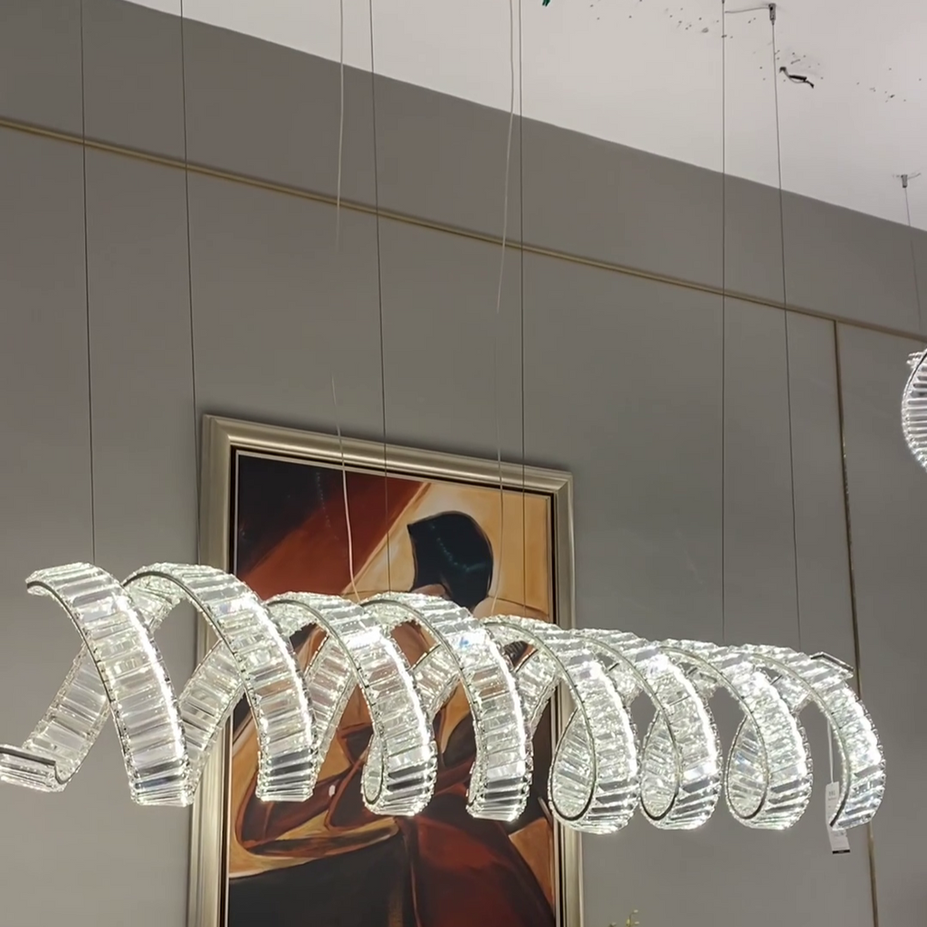 Luxury Stainless Steel Linear Spiral Crystal Chandelier for Dining Room and Kitchen Island