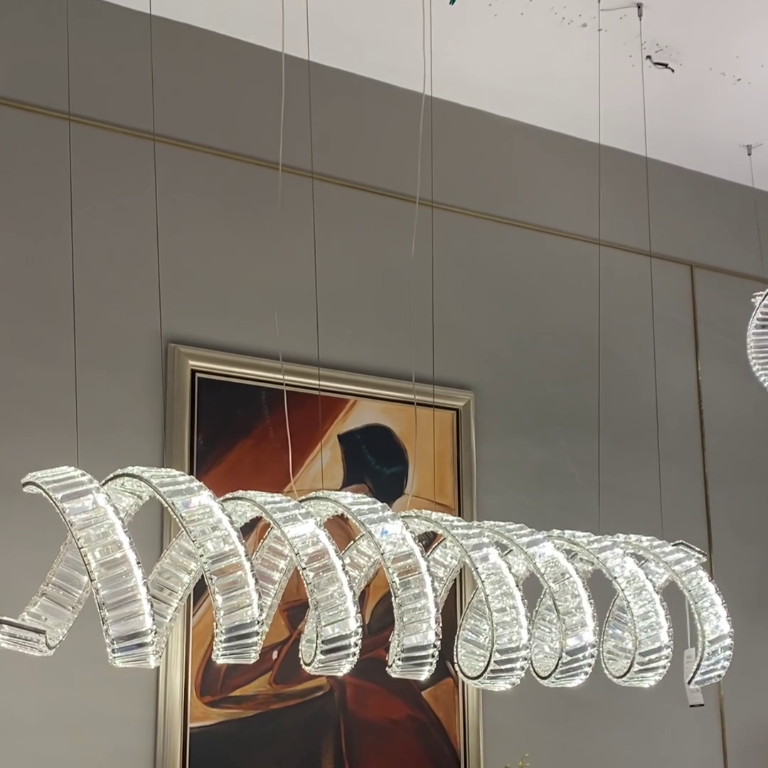 Luxury Stainless Steel Linear Spiral Crystal Chandelier for Dining Room and Kitchen Island