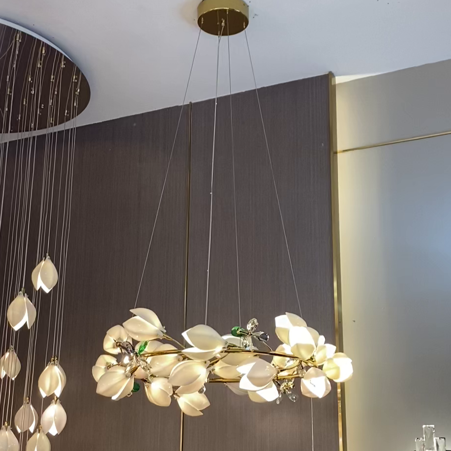 Luxury Ceramic Magnolia Ginkgo Chandelier with Crystal and Brass Finish for Bedroom Living Room Dining Room