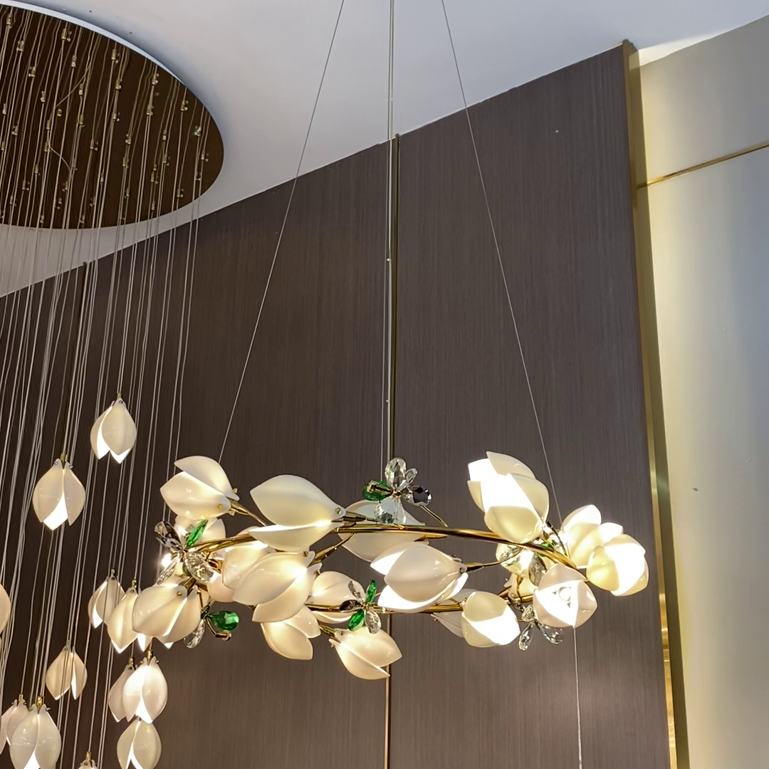 Luxury Ceramic Magnolia Ginkgo Chandelier with Crystal and Brass Finish for Bedroom Living Room Dining Room