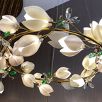 Luxury Ceramic Magnolia Ginkgo Chandelier with Crystal and Brass Finish for Bedroom Living Room Dining Room