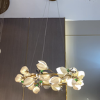 Luxury Ceramic Magnolia Ginkgo Chandelier with Crystal and Brass Finish for Bedroom Living Room Dining Room