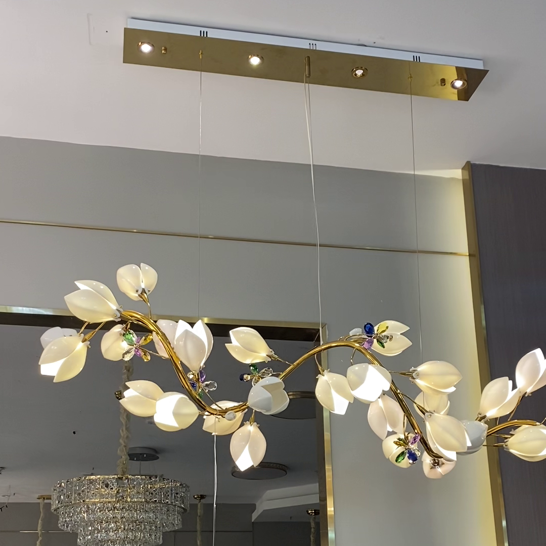 Luxury Ceramic Magnolia Ginkgo Chandelier with Crystal and Brass Finish for Bedroom Living Room Dining Room