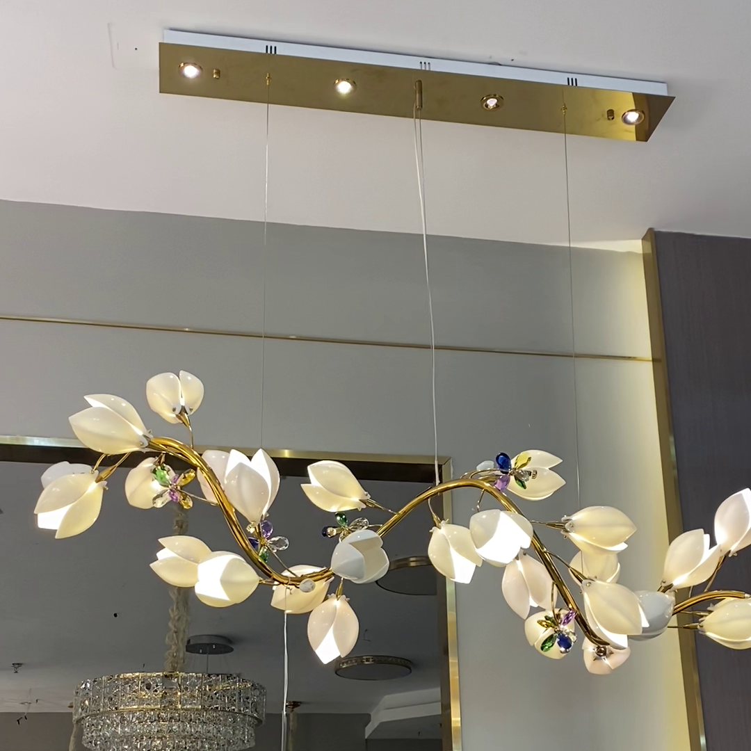 Luxury Ceramic Magnolia Ginkgo Chandelier with Crystal and Brass Finish for Bedroom Living Room Dining Room
