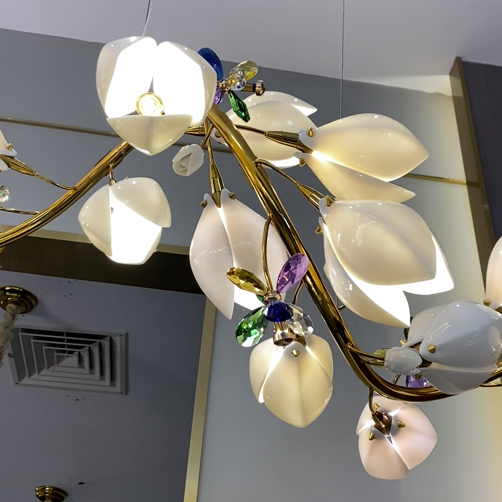 Luxury Ceramic Magnolia Ginkgo Chandelier with Crystal and Brass Finish for Bedroom Living Room Dining Room