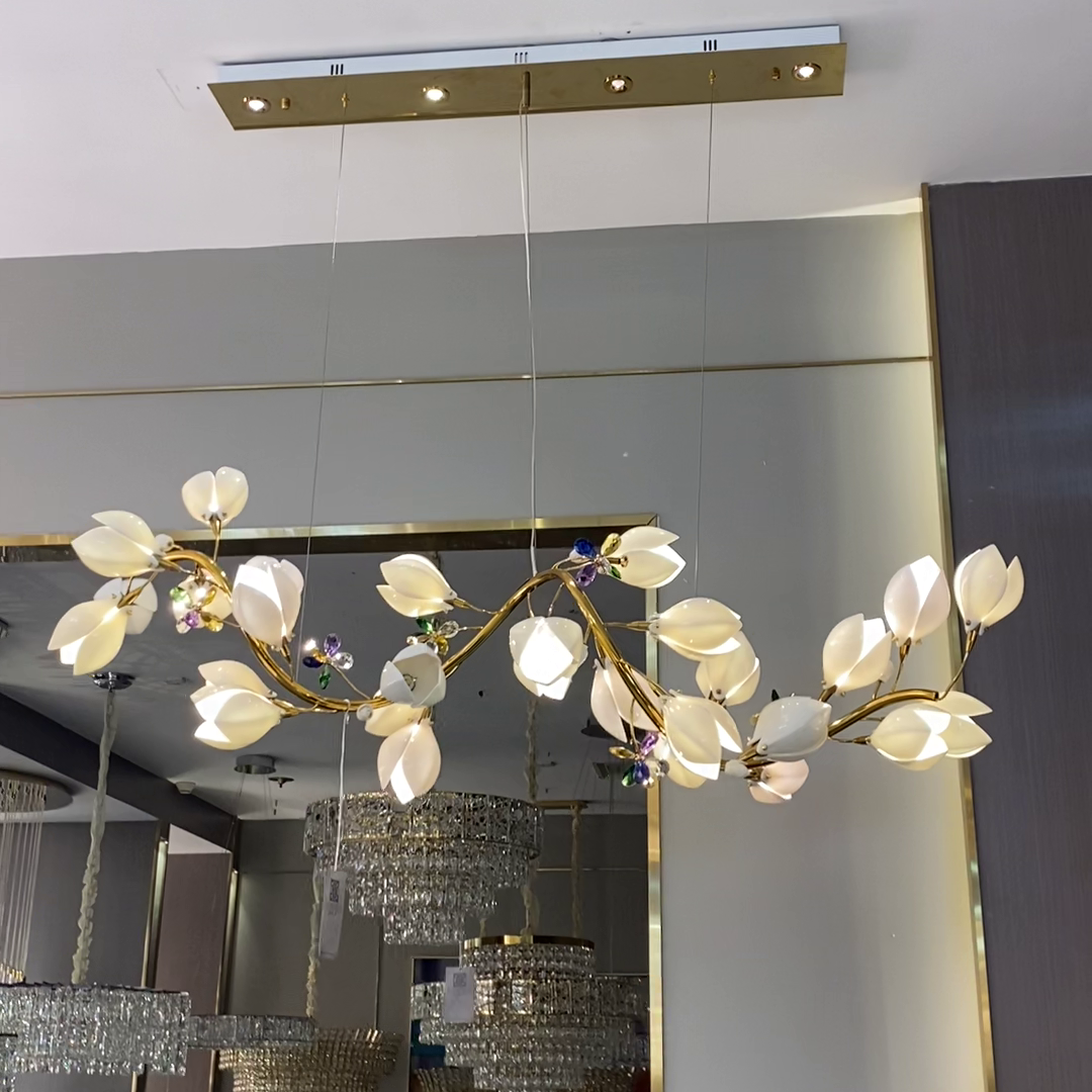 Luxury Ceramic Magnolia Ginkgo Chandelier with Crystal and Brass Finish for Bedroom Living Room Dining Room
