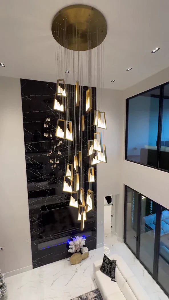 Modern Luxury Alabaster Chandelier with Golden Brass Frame, Organic Floating Design