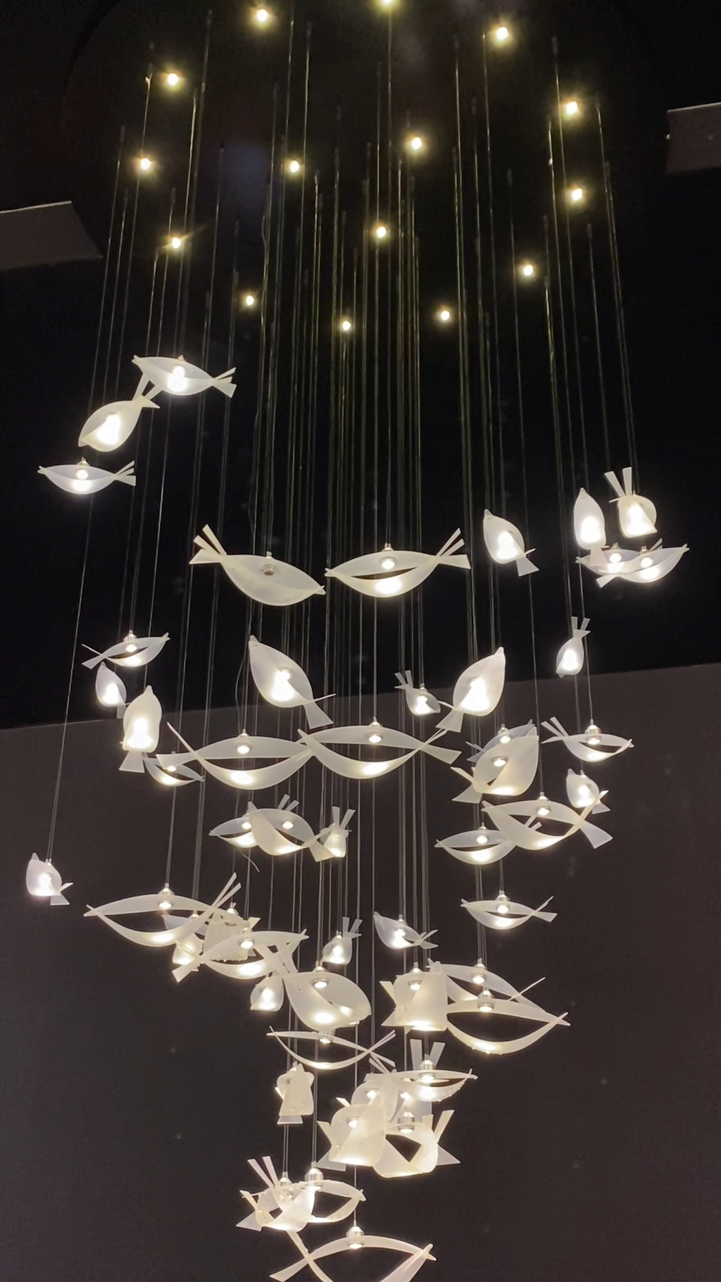 Modern Tiered Floating Acrylic and Metal Fish Chandelier for Staircase Foyer Living Room