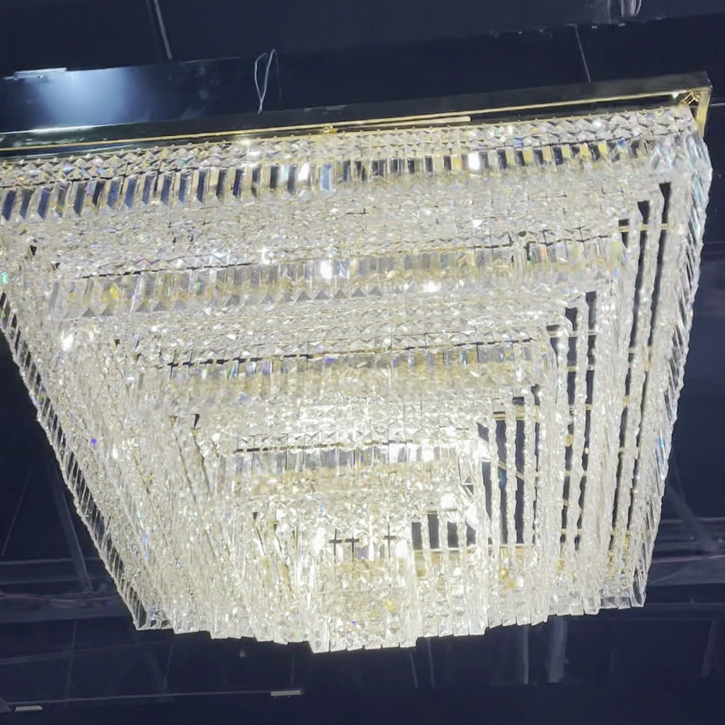 Modern Square Crystal and Metal Chandelier for Living Room and Bedroom