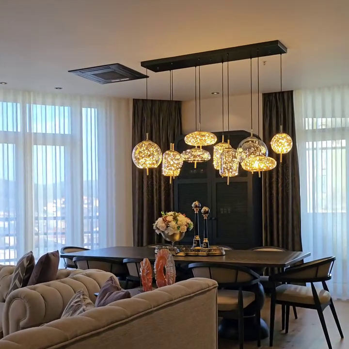Modern Starry Smoky Gray / amber Glass Shade Chandelier with Rectangular Canopy