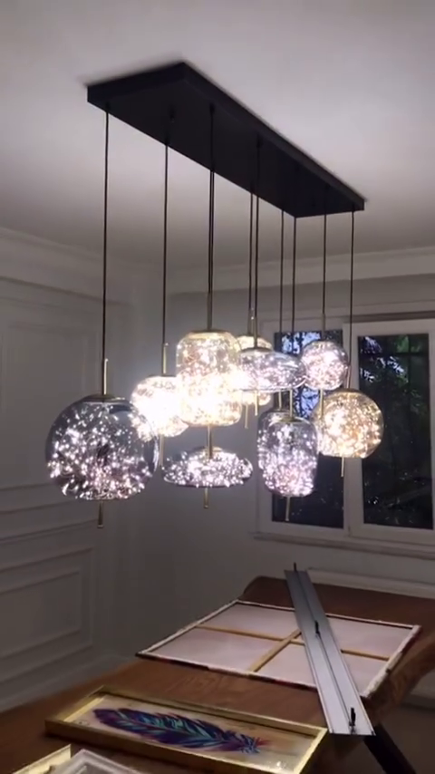 Modern Starry Smoky Gray / amber Glass Shade Chandelier with Rectangular Canopy