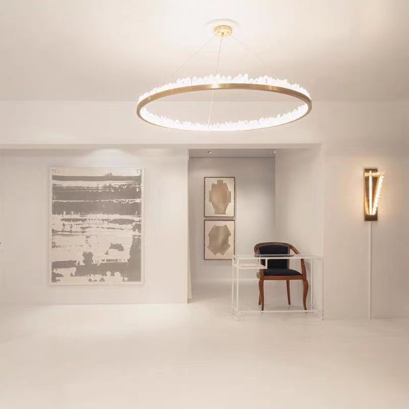 Modern Round Chandelier with Brass / black Finish and Natural Quartz Crystals