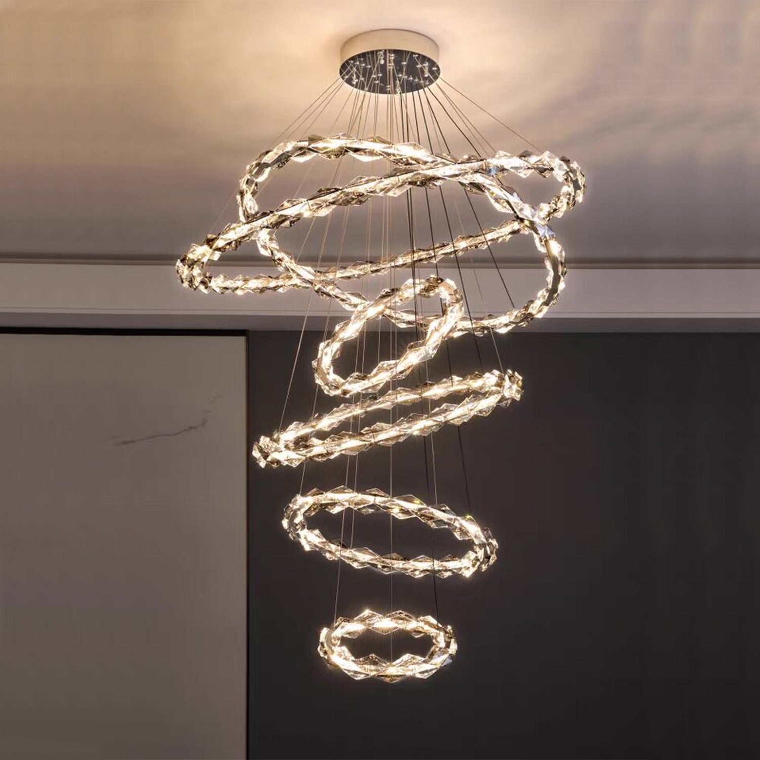 Oversized Multi-Tiered Rings Crystal Chandelier Modern Clear and Grey Crystal Ceiling Light